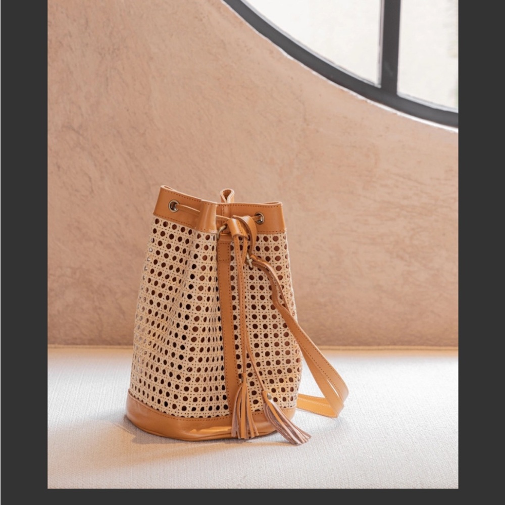 Woven Rattan Drawstring Backpack - Tan